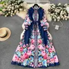Basic Casual Dresses Fashion Runway White Blue Green Long Dress Women Stand Lantern Sleeve Single Breasted Floral Print Lace Up Boho Vestidos 2024