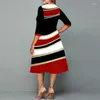 Vestidos casuales 2024 Otoño Todo Partido Moda Simple A-Line Falda Geométrica Impreso Bloque Color Cuello redondo Tallas grandes para mujeres Vestidos