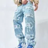 Simples e elegante homens rasgados remendo hip hop calças jeans soltas streetwear masculino calças jeans retas 240311
