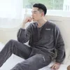 Men's Sleepwear Solid Color Pajamas Thick Fleece Winter Set With Thermal Cold Resistant Round Neck Top Elastic Waist For Cozy