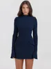 Mozision Dark Blue Two Pocket Sexy Mini Dress for Women Autumn Winter Long -Sleeve Bodycon Club Party Dress Elegant 240320