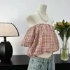 Damesblouses Zomer Vrouwelijk Katoen Sexy Geruite Cropped Tops Off-shouldermouwen Comfortabele losse pasvorm Prairie Chic