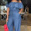 Plus size zomer hete stijl gegolfde rand eenlijns hals korte mouwen losse denim wijde pijpen jumpsuit voor dames