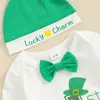Conjuntos de ropa Baby Boy Irish Day Outfit Clover Letter Print Mamelucos y pantalones de tirantes elásticos Beanie Hat Set Otoño Ropa de primavera