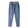 2024 Spring and Autumn Loose Jeans Womens Broken Nine Point Pants Elastic Waist Casual Straight Leg Harlan Small Foot