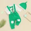 Conjuntos de ropa Baby Boy Irish Day Outfit Clover Letter Print Mamelucos y pantalones de tirantes elásticos Beanie Hat Set Otoño Ropa de primavera
