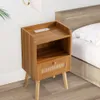 TONYRENA Nightstand with Charging Station&pe Rattan Decor Drawer, Open Shelf, Solid Wood Legs for Bedroom, Dorm and Small Spaces