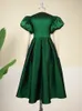 Puff Sleeve Ball Gown Dresses Plus Size Elegant Ladies High Waist Pleated Dark Green Ruffles Shiny Midi Evening Party Outfits 240318