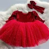 Girl Dresses Fancy Red Baby Dress Velvet Top Pearls Big Bow Kids Long Sleeves Party Celebrity Birthday With Headbow