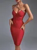 Crystal Bandage Dres Red Bodycon Dress Evening Party Elegant Sexig Halter Neck Midi Birthday Club Outfits Summer 240315