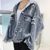 Veste en jean déchiré à la mode Y2K Streetwear en détresse Hip Hop trou cassé Jeans Biker vestes hommes veste bleue en vrac vêtements d'extérieur 240319