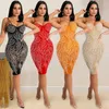 Casual Dresses Mesh See Through Rhinestone Plunging V-Neck Knee-Length Bodycon For Women 2024 Sexy Club Party Dress Pencil Vestidos