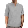 Men's T Shirts Linen Tops Short Sleeve T-shirt Solid Color Loose Casual Ethnic Style Shirt Cotton V-neck