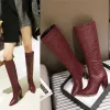 Boots Big Size Fashion Women Knee High Boots Red Black Crocodile PU Pointed Toe Chunky Heels Sexy Party Office Lady Winter Long Boots