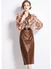 Arbetsklänningar Autumn Elegant Pu Chiffon Patchwork Shirt Womens Två Peice Set Fashion High midje kjolar Ensembles de Jupes