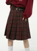 American College Style Red Plaid Pleated Skirt Womens Spring Design Color Contrast A-line High Waist Short Skirt Femal 240323