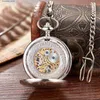 Pocket Watches Unique Black Silver Pocket Mechanical Hand-winding Fob Smooth Case Roman Numerals Dial Retro Clock Chain Pendants L240322