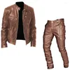 Fatos masculinos comércio exterior outono motocicleta conjunto jaqueta de couro e calças de duas peças pu casual roupas medievais