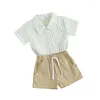 Set di abbigliamento per bambini bambini bambini da 2 pc outfit t-shirt bottoni a manica corta a righe e pantaloncini elastici abiti da spiaggia estiva