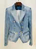 High Street EST 2024 Studge Jacket Womens Slim Fitting Double Breadted Lion Buttons Denim Blazer 240309