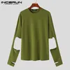 Inderun Tops American Style Men Sleeves Hollow Design T-shirts Casual Streetwear Male Solid O-Neck Plain Camiseta S-5xl 240309