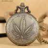 Pocket Watches Bronze Leaf Design Antik Mens Pocket med retro Sweather Chain Charm Pendant Accessory Halsband Pocket Clock Women L240322