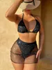 Women's Swimwear Shiny Black Bikini Set 2024 Mujer Women Sexy Brozing Push Up Mesh Skirt 3 Piece Swimsuit Summer Bathing Suit Cover