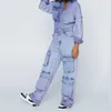 Personnalisé Y2k Streetwear femmes décontracté à manches longues boutonné combishort acide lavage Denim Cargo combinaison