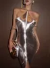 Frauen Sexy Metallic Shiny Neckholder Minikleid Mode Schlanke Ärmellose Rückenfreie Quasten Kleider Lady Chic Party Abendroben 240318