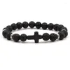 Charme Pulseiras 15 pcs Cruz Azul Frisado Homens 8mm Preto Lava Stone Beads Pulseiras Para Mulheres Yoga Jóias