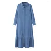 Casual Dresses Lapel Long Sleeve Dress Women Maxi Elegant Denim With Ruffle Patchwork Flowy Hem Women's For Travel