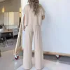 Kadınlar İki Parçalı Pantolon Kadın Gevşek Takım Lady Giyim Giysileri Zarif Üst ​​Set Yuvarlak Boyunla Yüksek Bel Geniş Bacak Günlük İçin Şık