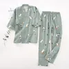 sevensleeve Japanesestyle kimono pajamas set female spring and autumn 100% cotton gauze home clothes cute sweet twop 240321