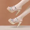 Slippare 8cm 10 cm liten storlek 32-43 Guld Black Block High Heels Sandaler Clear Summer 2024 Womens Platform Slides Office Model