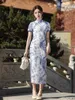 Ubranie etniczne Lady Print Flower Cheongsam Mandarin kołnierz satynowy sukienka imprezowa suknia