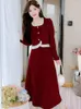 Casual Dresses Women Red Corduroy Thick Warm Two Piece Dress Sets 2024 Autumn Winter Long Sleeve Chic Ruffled Top Coat Half Lenth Skirt