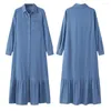 Casual Dresses Lapel Long Sleeve Dress Women Maxi Elegant Denim With Ruffle Patchwork Flowy Hem Women's For Travel