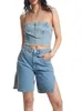 Mulheres camisetas Sunloudy Mulheres Denim Push Up Bustier Tube Top Strapless Button Corset Off Ombro Crop Streetwear (M Azul M)