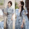 Ethnic Clothing 2024 Chinese Slim Fit Oriental Style Dress Improved Cheongsam Lady Floral Women A Line Blue