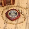 Zakhorloges Antiek rood houten/bamboe snijwerk Zelfopwindende mechanische zak met gouden ketting open deksel Retro herenklok Kerstcadeaus L240322