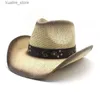 Chapéus de aba larga Bucket Chapéus Vintage Retro Cáqui Faixa de Couro Cinto Escavado Mulheres Homens Palha Aba Larga Praia Cowboy Cowgirl Western Sun Hat L240322