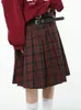 American College Style Red Plaid Pleated Skirt Womens Spring Design Color Contrast A-line High Waist Short Skirt Femal 240323