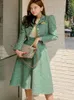 Work Dresses SMTHMA Elegant Tweed Woolen Jacket And Long Skirt Two Piece Set Women Autumn Winter Dress Suit Fashion Designer Green Party