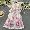 Basic Casual Dresses Fashion Runway White Blue Green Long Dress Women Stand Lantern Sleeve Single Breasted Floral Print Lace Up Boho Vestidos 2024