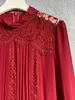 2024 Spring Red Solid Color Panelled Dress Long Sleeve Stand Collar Lace Midi Casual Dresses F4M061403