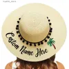 Шляпы с широкими полями Панама Шляпы Пляжная шляпа с вышивкой по индивидуальному заказу Текст вашего имени Женская шляпа от солнца Пальмовая черная пушистая соломенная шляпа Прямая доставка для медового месяца L240322
