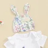 Ensembles de vêtements pour bébé fille, tenue de pâques, à volants, manches courtes, imprimé Floral, bas de cloche avec chapeau, 3 pièces, vêtements d'été