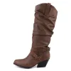 Boots Pleated Knee High Boots Women Western Cowboy Boots for Women PU Leather Vintage Square Low Heels Shoes Ladies Large Size 48