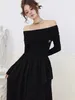 Casual Dresses Sweet Girl Off Shoulder Black Dress Women's Autumn Slim Fitting Slash Neck Long-sleeved A-line Fashion Female Clothes