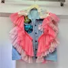 Damesvesten 2024 Lente Patchwork Denim Vest Voor Vrouwen Machineborduurwerk Mesh Stiksels Losse Jeugdig Uitziende Vest Top